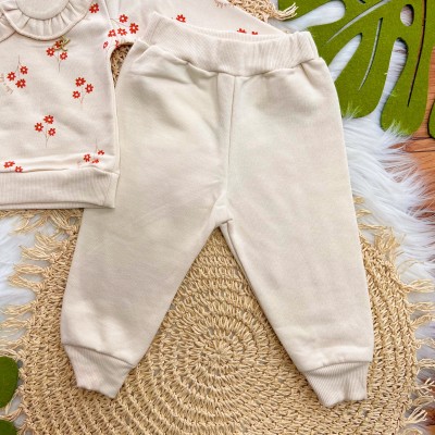 Conj. Casaco Florzinhas Laranjas e Calça de Moletom - Areia 